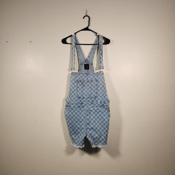 NO BO NO BOUNDARIES Denim Shortall Womens XL Blue Checkerboard Boho Cottagecore - Picture 1 of 12